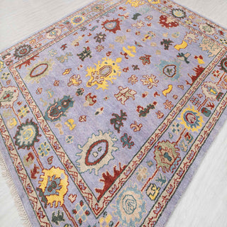 Modern hand-knotted rug with abstract Oushak pattern in lavender, mustard, teal accents, 8x10.