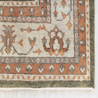 Modern hand-knotted rug with abstract Oushak pattern in olive, rust, beige accents, 8x10.