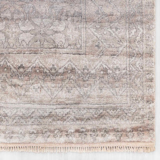 Modern hand-knotted rug with abstract damask pattern in layered grey and beige hues, 8x10.