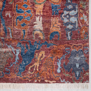 Modern hand-knotted rug with abstract floral pattern in red teal rust ivory.