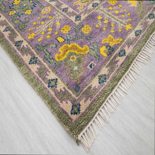Modern hand-knotted rug with abstract garden pattern in green, lavender, and yellow accents, 8x10.