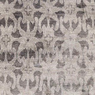 Modern hand-knotted rug with abstract geometric and floral pattern in layered greys, 8x10.