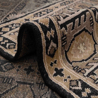 Modern hand-knotted rug with abstract geometric medallion pattern in black, taupe, cream neutrals, 8x10.