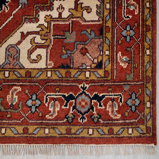 Modern hand-knotted rug with abstract geometric medallion pattern in rust, navy, blue, beige palette, 8x10.