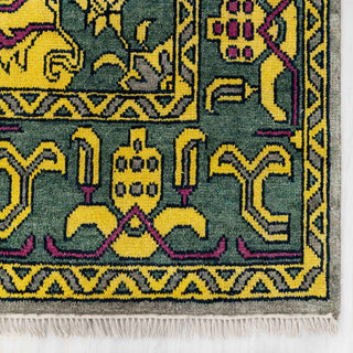 Modern hand-knotted rug with abstract geometric pattern in vibrant yellow, green, gray tones, 8x10.