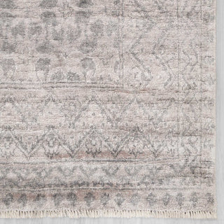 Modern hand-knotted rug with abstract linear and floral pattern in layered greys, 8x10.