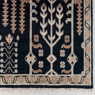 Modern hand-knotted rug with abstract linear botanical pattern in black, beige, tan, 9x12.