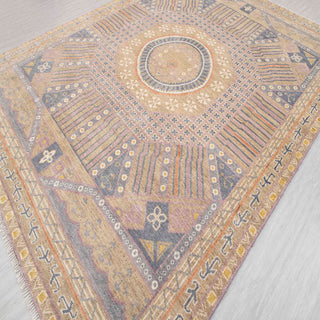 Modern hand-knotted rug with abstract linear concentric pattern in warm beige and cool grey, 9x12.