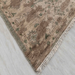 Modern hand-knotted rug with abstract muted Oushak look in camel, stone, sage, ideal for calm living room decor