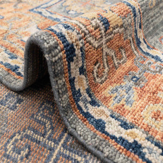 Modern hand-knotted rug with abstract tribal pattern in grey, rust, navy, gold accents, 9x12.