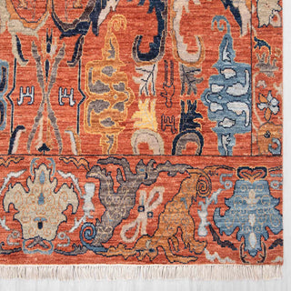 Modern hand-knotted rug with bold tree pattern in terracotta red tones, 6x9 ft wool.