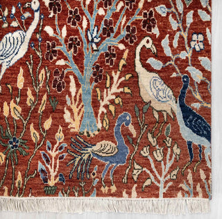 Modern hand-knotted rug with detailed wildlife and foliage pattern in warm rust multicolor, 9x12 area
