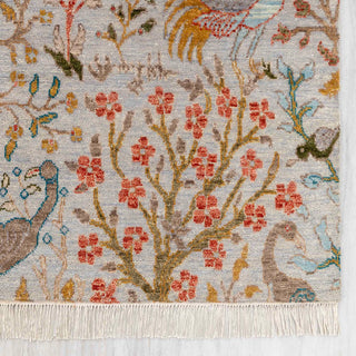 Modern hand-knotted rug with detailed wildlife pattern in light grey, aqua, terracotta tones, 8x10