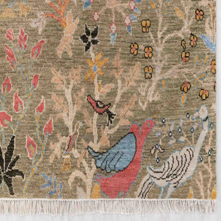 Modern hand-knotted rug with detailed wildlife pattern in neutral beige multicolor, 6x9 area