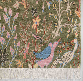 Modern hand-knotted rug with detailed wildlife pattern in olive green multicolor, 6x9 area

