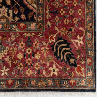 Modern hand-knotted rug with dramatic black ground and deep red floral border, durable wool 8x10 living room carpet.