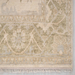 Modern hand-knotted rug with faded Oushak floral pattern in ivory, pale green, taupe, 8x10