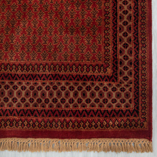 Modern hand-knotted rug with fine repeating lattice pattern in warm red field and subtle olive highlights, 4x6.

