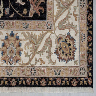 Modern hand-knotted rug with floral geometric pattern in navy cream tones, 10x14 ft wool.