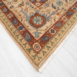 Modern hand-knotted rug with intricate beige background and multicolor floral medallions, durable wool 9x12 carpet