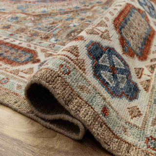 Modern hand-knotted rug with intricate geometric Oushak pattern in ivory, rust, denim blue and teal, ideal for classic interiors