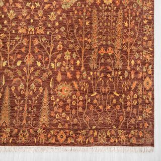 Modern hand-knotted rug with intricate organic floral pattern in chestnut brown, burnt orange and olive green.
