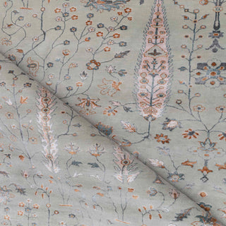 Modern hand-knotted rug with linear botanical pattern in sage grey, blush, blue accents, 12x15.