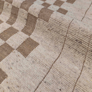 Modern hand-knotted rug with linear checkered pattern in beige taupe. 8x10 ft low pile. 