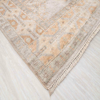 Modern hand-knotted rug with linear diamond medallion pattern in neutral grey and taupe, 8x10.
