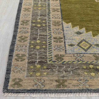 Modern hand-knotted rug with linear geometric medallion pattern in olive, tan, gray tones, 8x10.