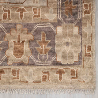 Modern hand-knotted rug with linear geometric medallion pattern in soft brown, cream, gray palette, 10x14.