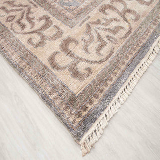 Modern hand-knotted rug with linear lattice pattern in blue-grey and ivory, versatile 8x10.