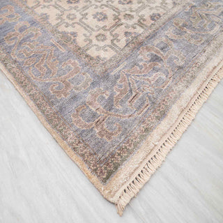 Modern hand-knotted rug with linear lattice pattern in neutral cream and blue-grey, 6x9.