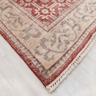 Modern hand-knotted rug with linear lattice pattern in red, beige neutrals, versatile 6x9.