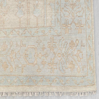 Modern hand-knotted rug with linear tree-of-life pattern in neutral beige and sky-blue accents, 8x10 area


