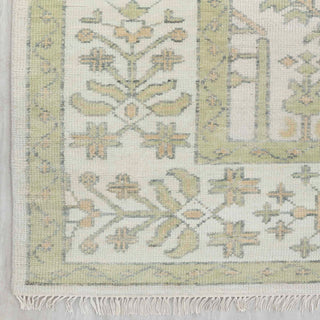 Modern hand-knotted rug with linear tree-of-life pattern in washed ivory and sage neutrals, 9x12 area