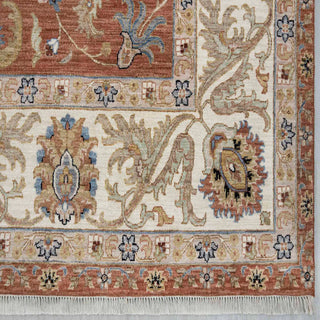 Modern hand-knotted rug with open floral pattern in rust red tones, 9x12 ft wool.