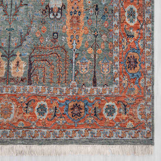 Modern hand-knotted rug with pictorial garden pattern in muted blue-grey, rust, beige and charcoal accents.