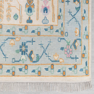 Modern hand-knotted rug with playful pastel tree-of-life pattern in aqua, ivory, multicolor, 8x10
