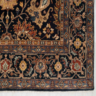 Modern hand-knotted rug with rich navy ground and detailed gold floral border, durable wool 6x9 carpet.