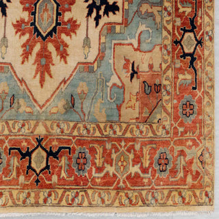 Modern hand-knotted rug with striking abstract geometric layout in rust, sand, teal, and black tones, durable 5x8 carpet.