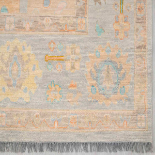 Modern hand-knotted rug with subtle abstract Oushak pattern in light grey and pastel accents, oversized 10x14.