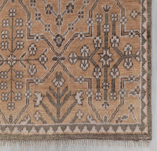 Modern hand-knotted rug with subtle geometric botanical pattern in earth-tone rust and beige, 8x10
