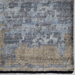 Modern hand-knotted rug with subtle linear abstract texture in cool blue and warm beige, 9x12