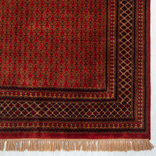 Modern hand-knotted rug with tight repeating floral pattern in red and brown, 6x9 carpet