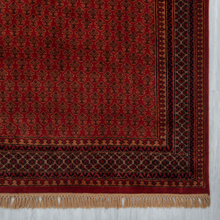 Modern hand-knotted rug with tight repeating floral pattern in rich red and brown, 6x9 floor rug