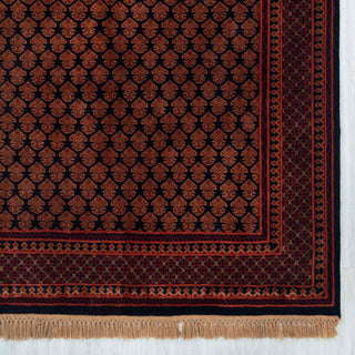 Modern hand-knotted rug with tight repeating scallop pattern in rust and navy, 6x9 carpet