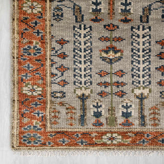 Modern hand-knotted runner rug with geometric tree pattern in beige rust orange blue. 2.6x12 ft wool hallway