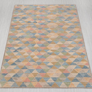  Multicolor hand-knotted rug in beige, turquoise, pink with mosaic triangle design. 8x10 ft durable wool
