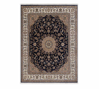Navy Cream Medallion High Quality Hand Knotted Persian Design Indo Nain Tabriz Wool Silk Rug